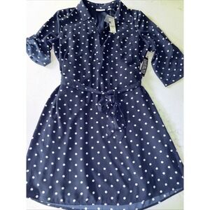 New York & Company Navy Blue Polka Dot Shirt Dress Roll Tab Sleeve Medium NWT